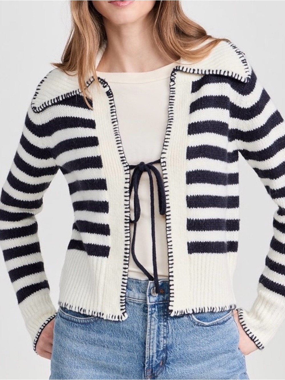 Moon River Navy and Cream Striped Open-Front Cardigan